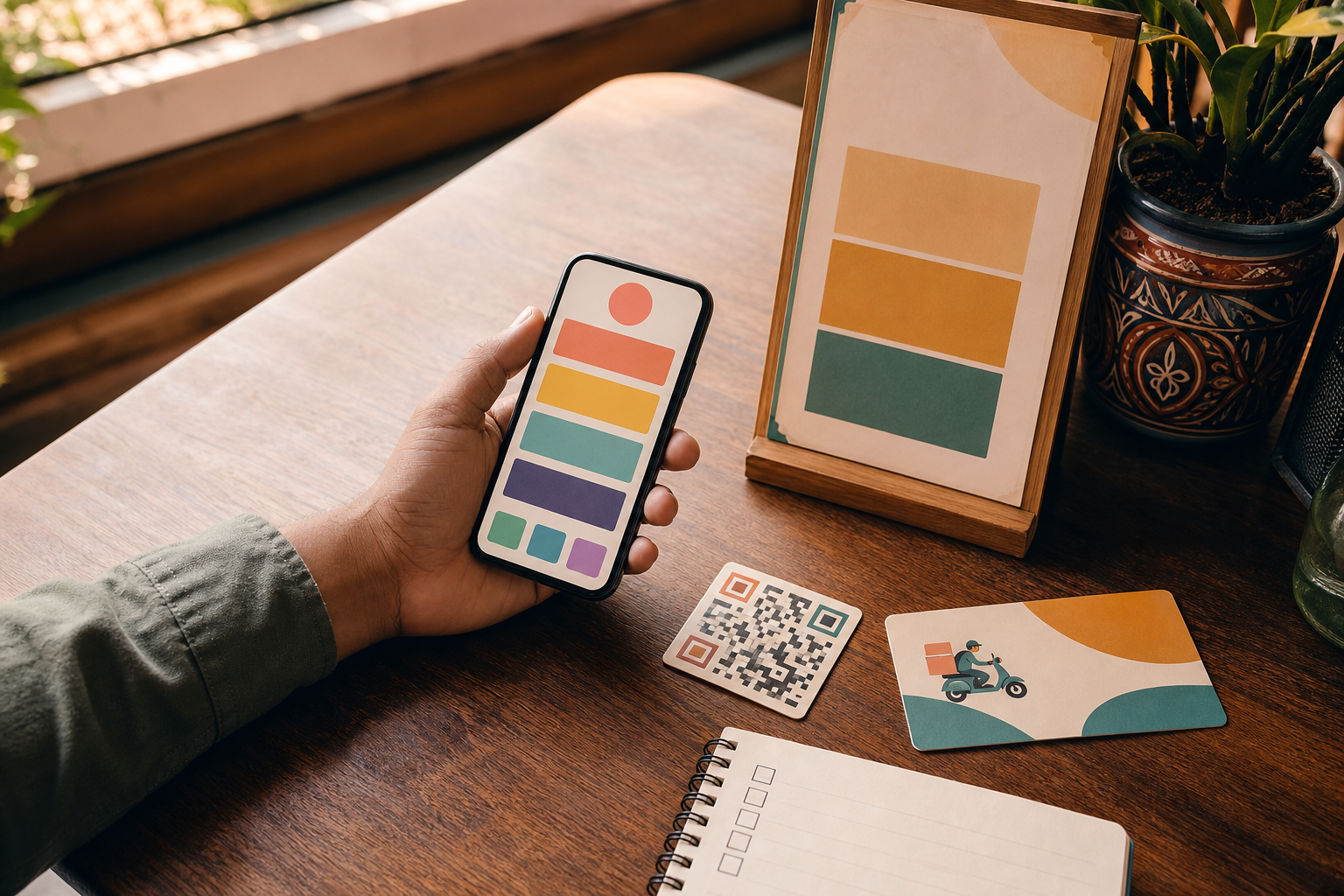 Mesa de restaurante con teléfono, carta y código QR para organizar menú, pedidos y reservas.