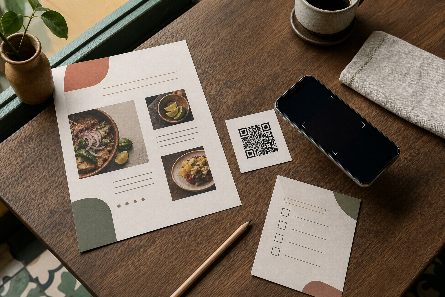 Teléfono probando una muestra de código QR junto a un menú y una ficha de verificación antes de imprimir.