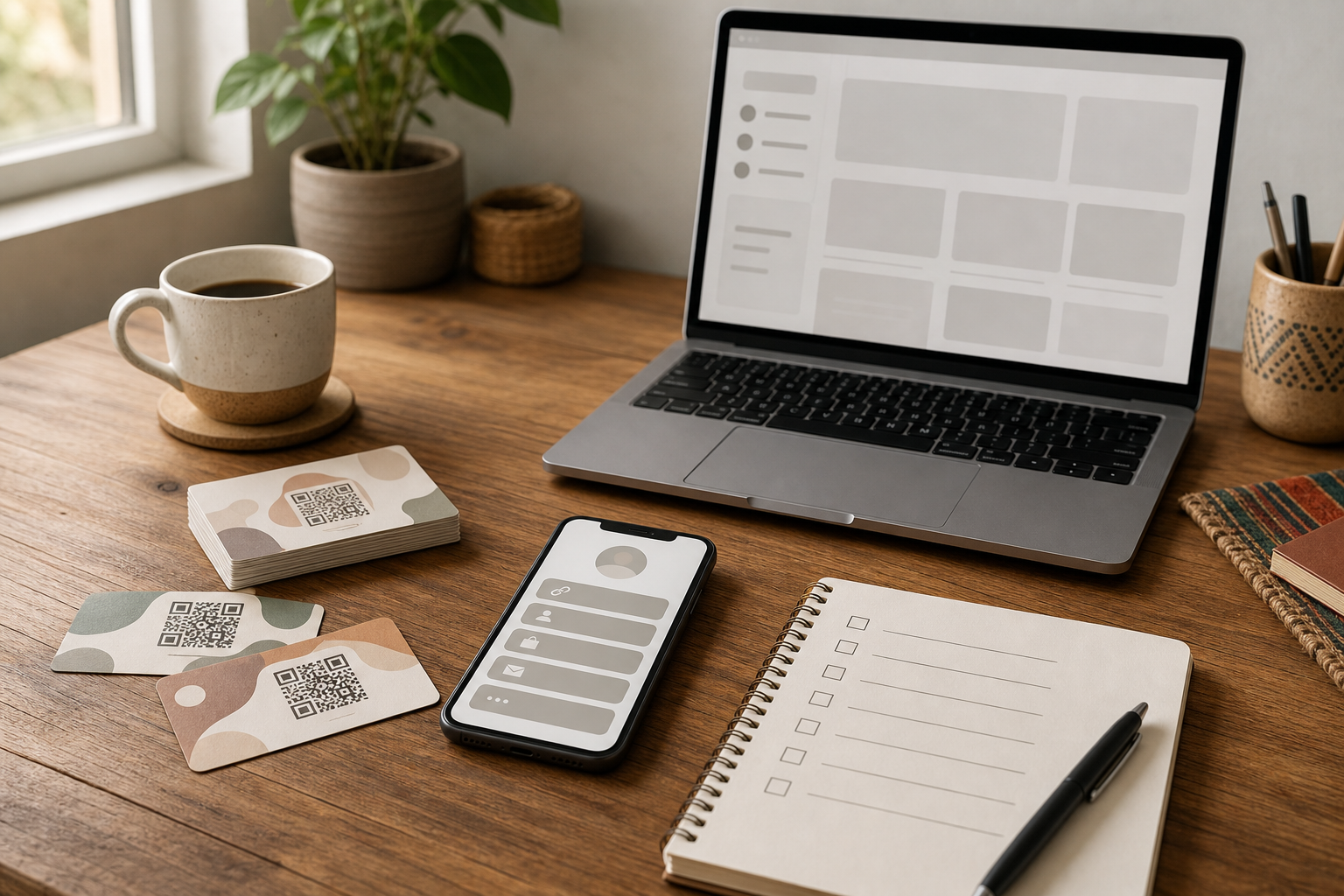 Teléfono, código QR y checklist sobre una mesa mientras se comparan herramientas de enlace en la biografía.