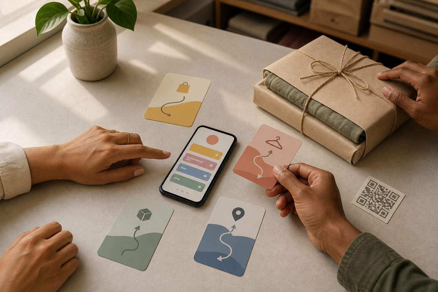 Mesa de trabajo de una tienda online con un teléfono, tarjetas de rutas de compra, un paquete de ropa y un código QR abstracto.