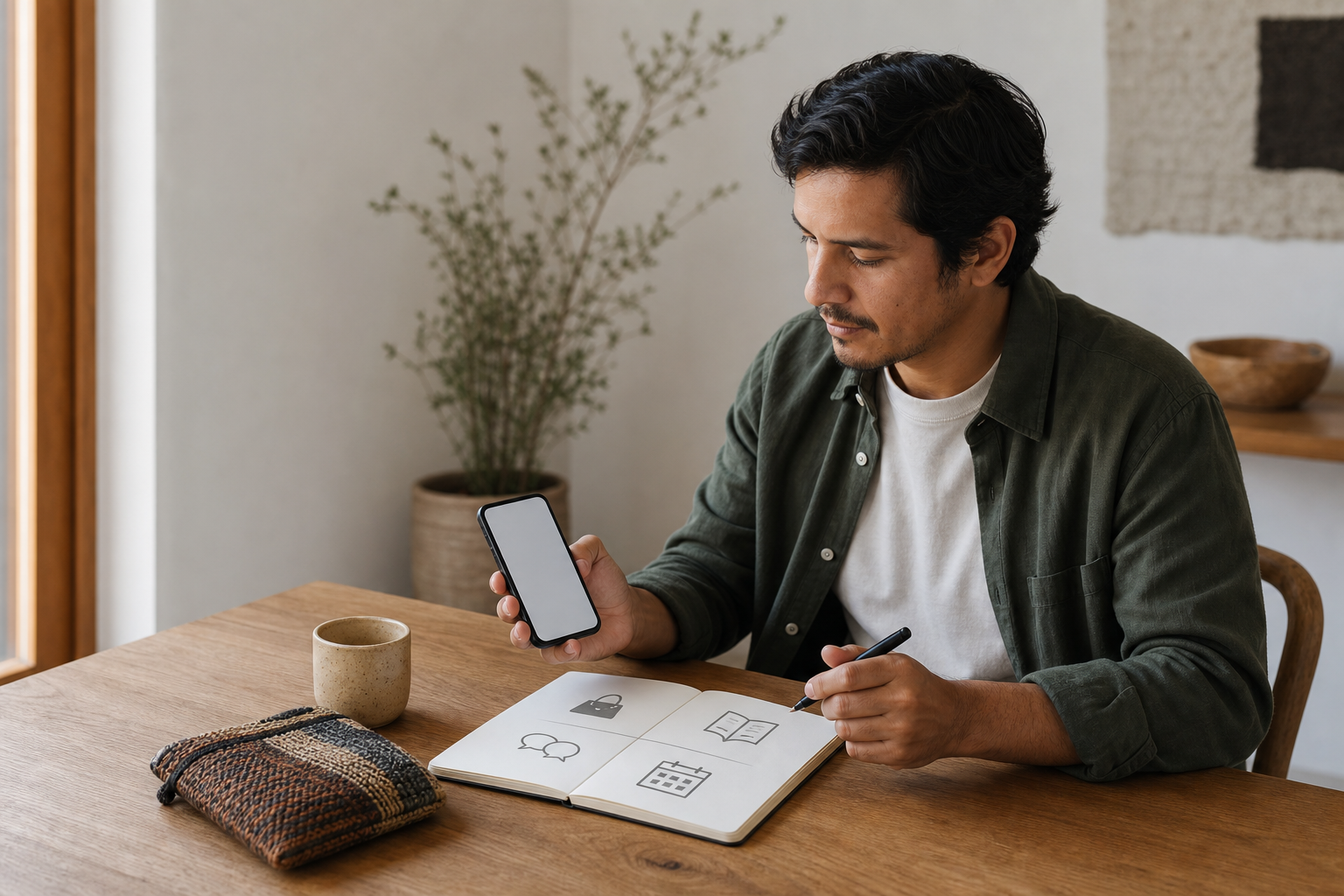 Persona emprendedora organiza en un teléfono y una libreta las rutas de un enlace de bio para una publicación de Instagram.