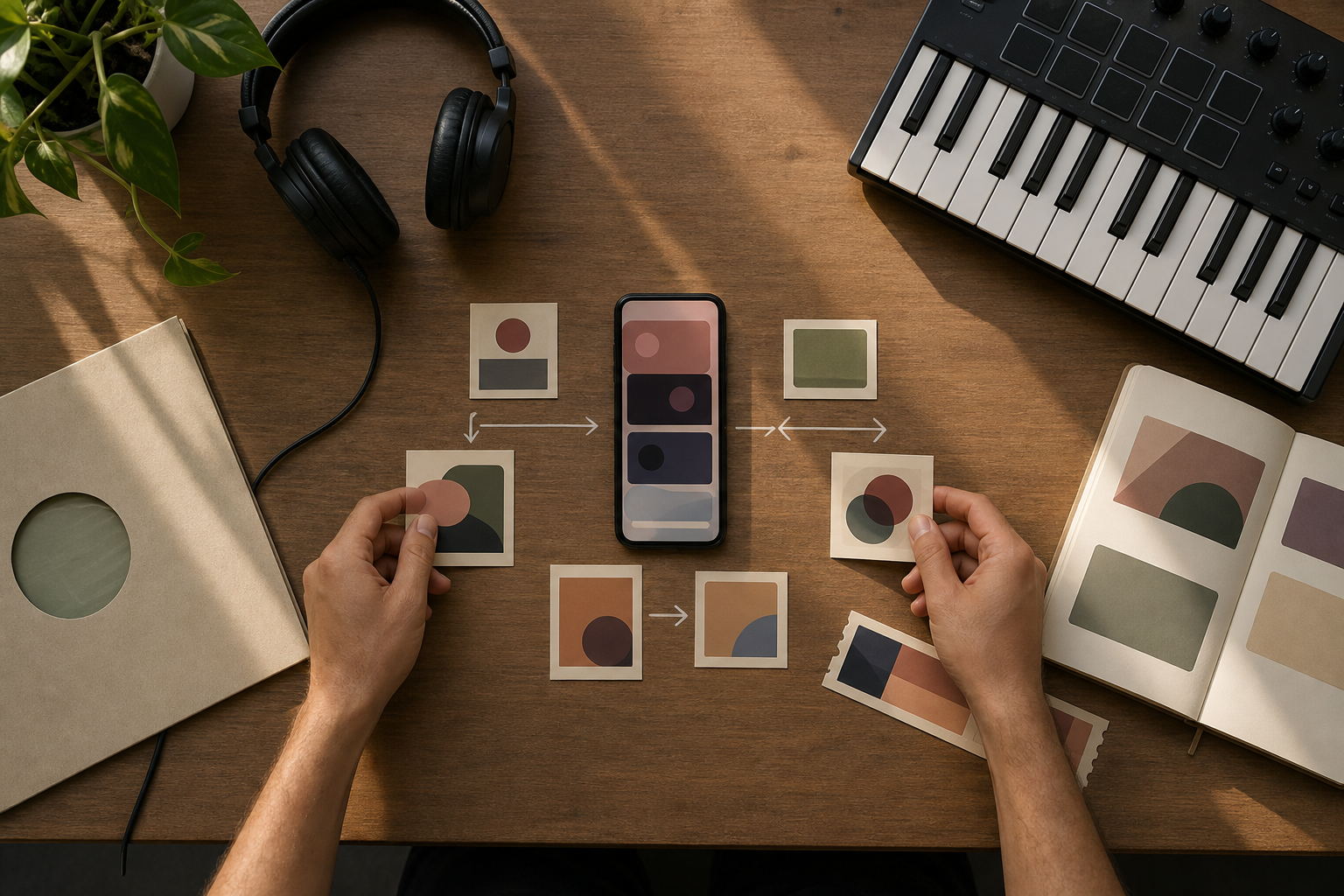 Música reorganizando tarjetas visuales junto a un teléfono, auriculares y equipo musical para priorizar su lanzamiento, conciertos, productos y contacto.