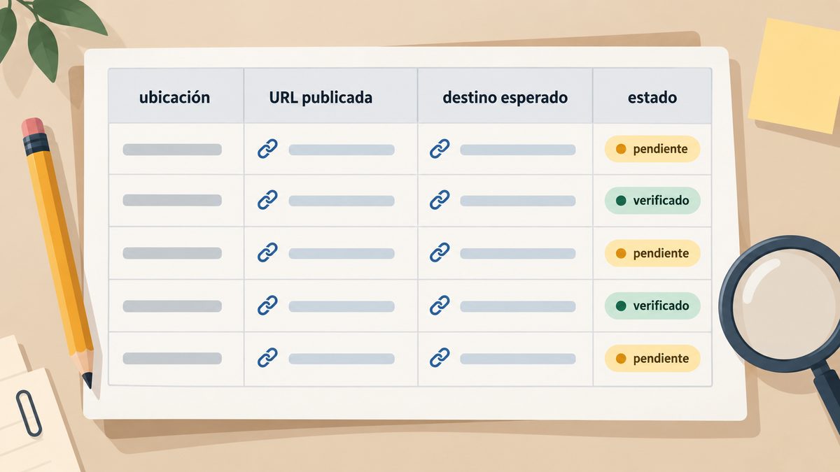 Tabla de inventario de migración con columnas de ubicación, URL publicada, destino esperado y estado