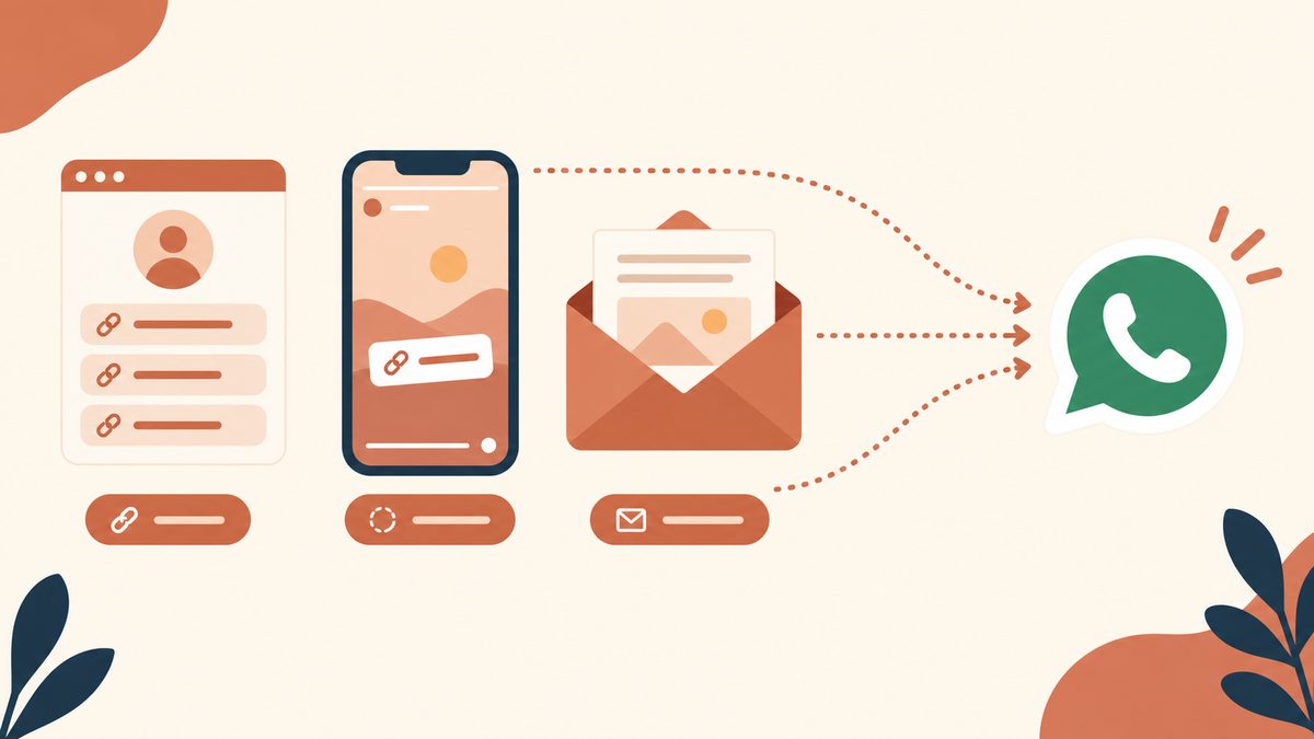 Diagrama de tres canales etiquetados que apuntan a un mismo destino de WhatsApp