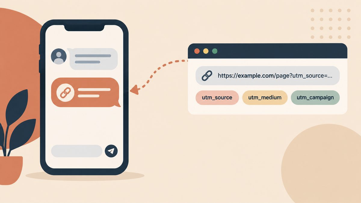 Ilustración de un teléfono con un chat de WhatsApp que recibe un enlace etiquetado con parámetros UTM