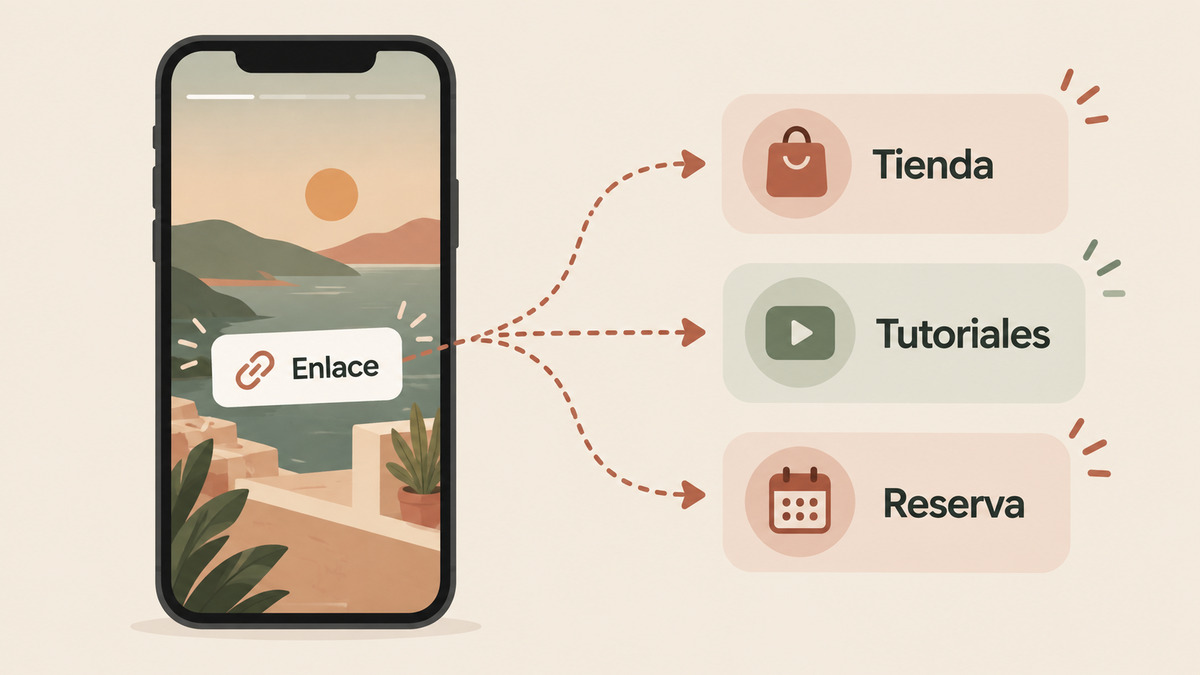Historia de Instagram con sticker de enlace apuntando a página LinkMas con tienda, tutoriales y reserva