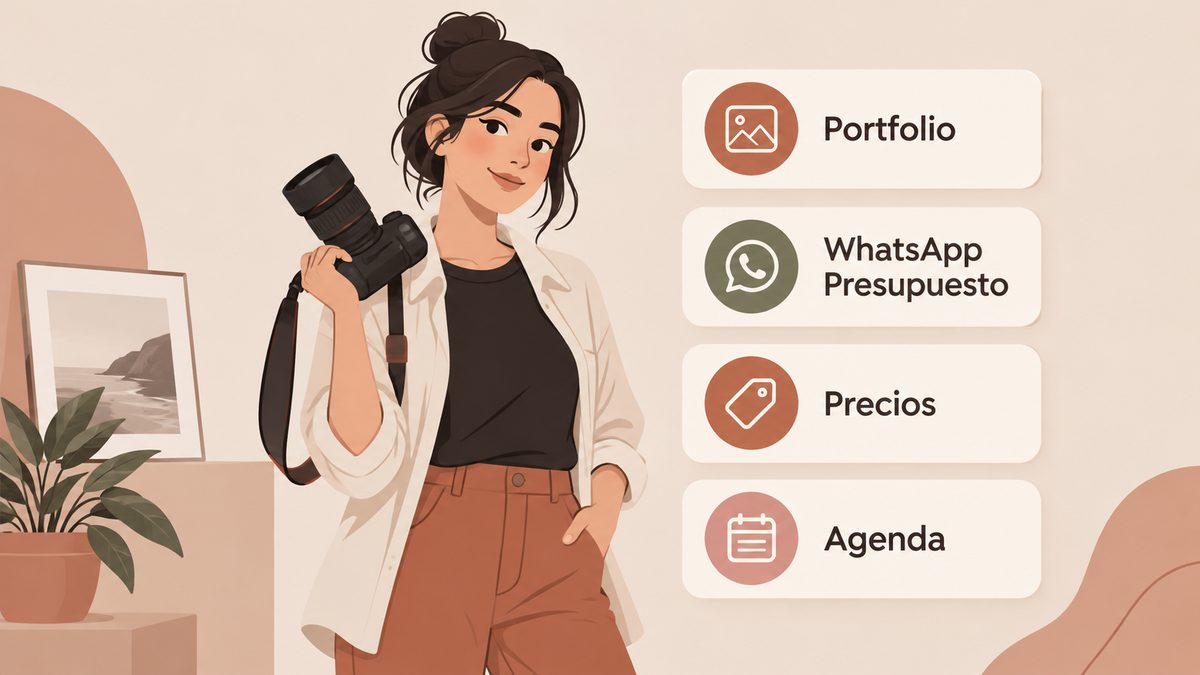 Fotógrafa organizando enlaces de portfolio, WhatsApp y reserva en su bio link